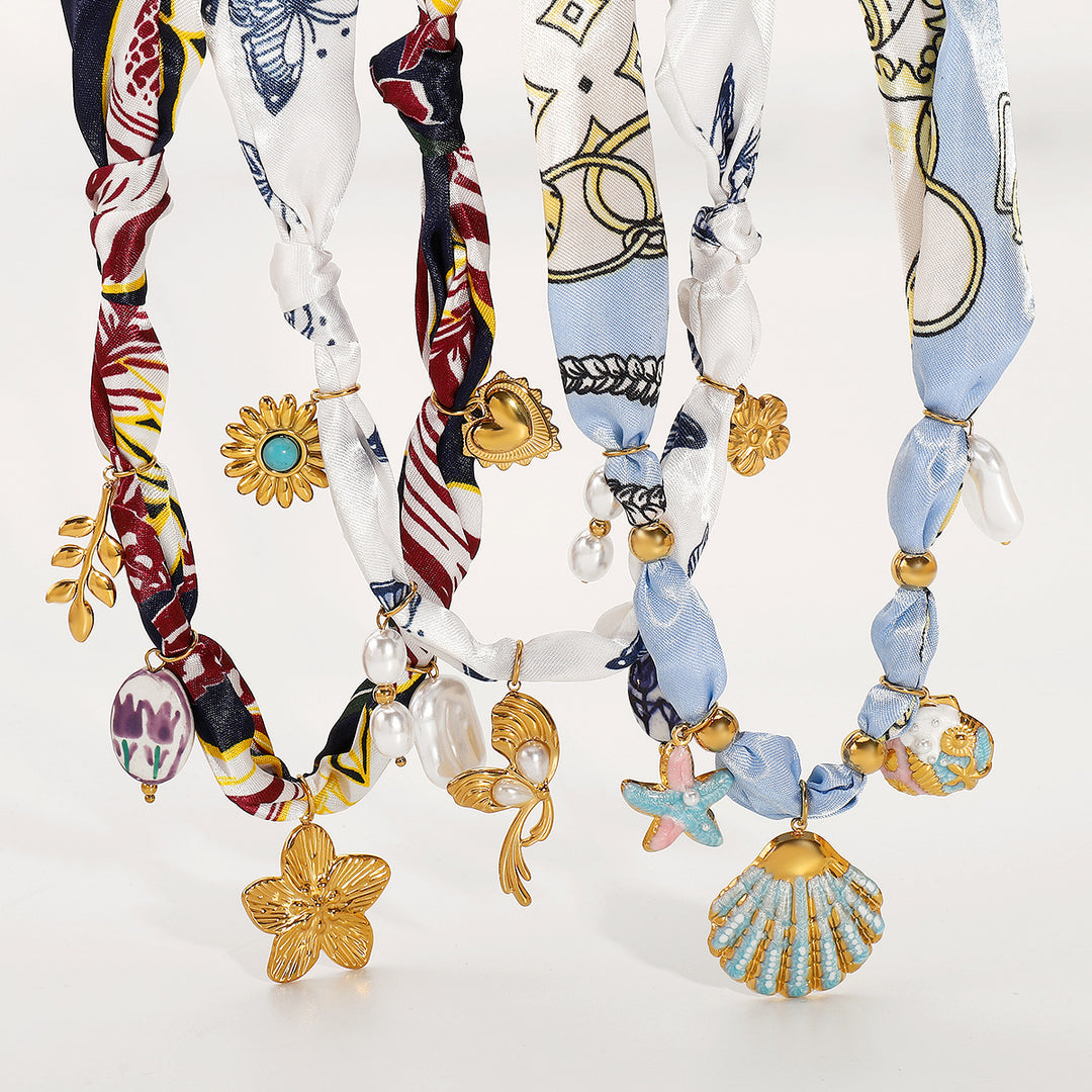 silk scarf necklace with charm pendants – SELENEVRI