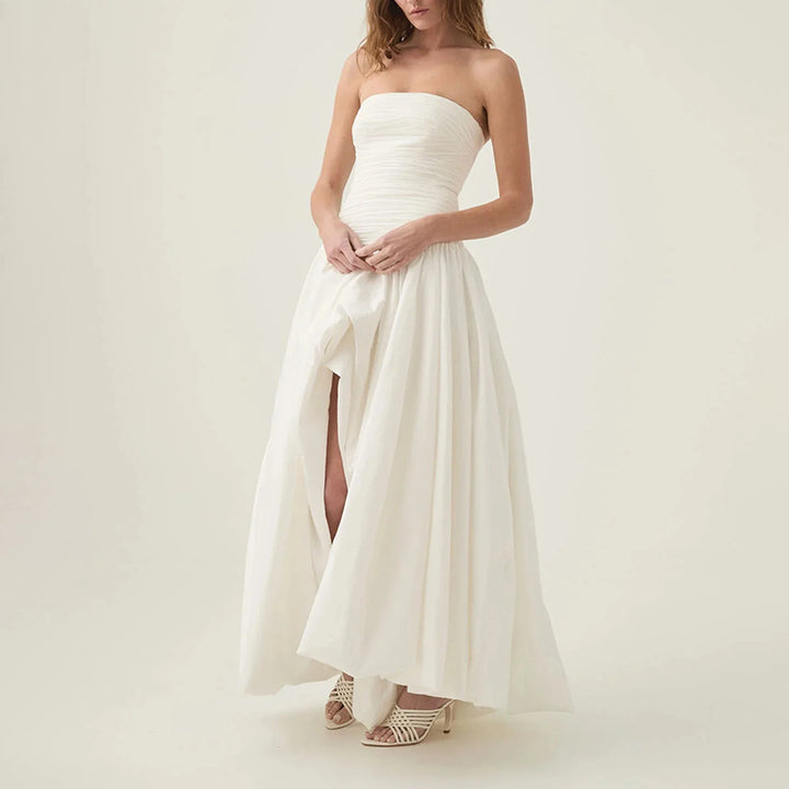 strapless ruched bust gown with draped high-low skirt – AMELIA