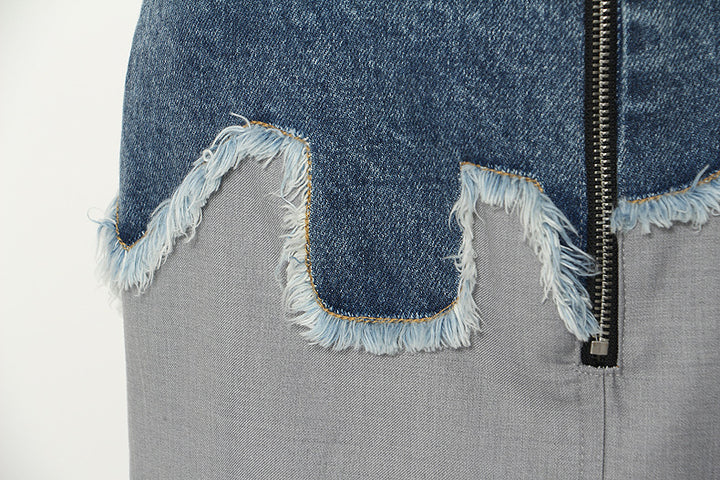 High-waist midi skirt with denim panel and raw-edge detail – DENYRA