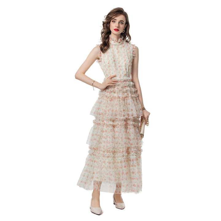 فستان تول مزهر بدون أكمام مع كشكشة متعددة الطبقات – أوريليا