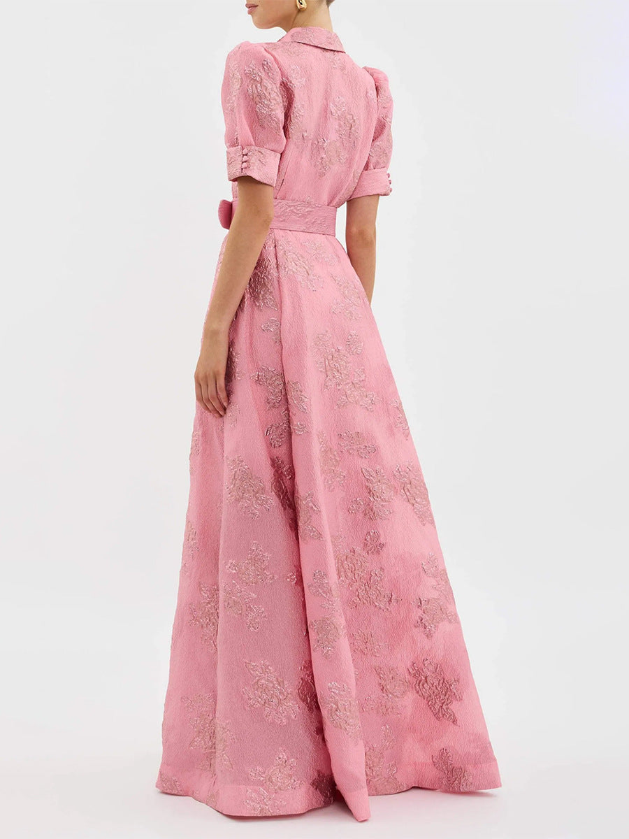 puff-sleeve jacquard dress with belted waist – ROSABELLEN