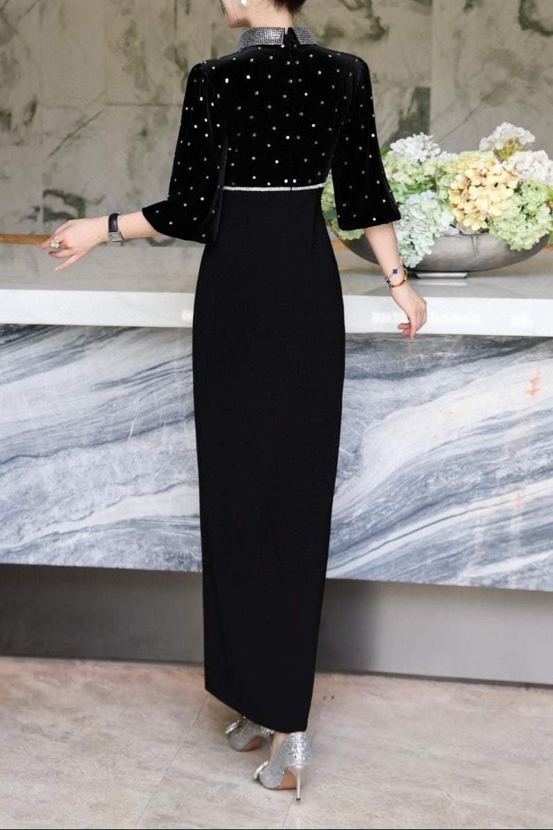 black velvet maxi dress with embellished collar–polka