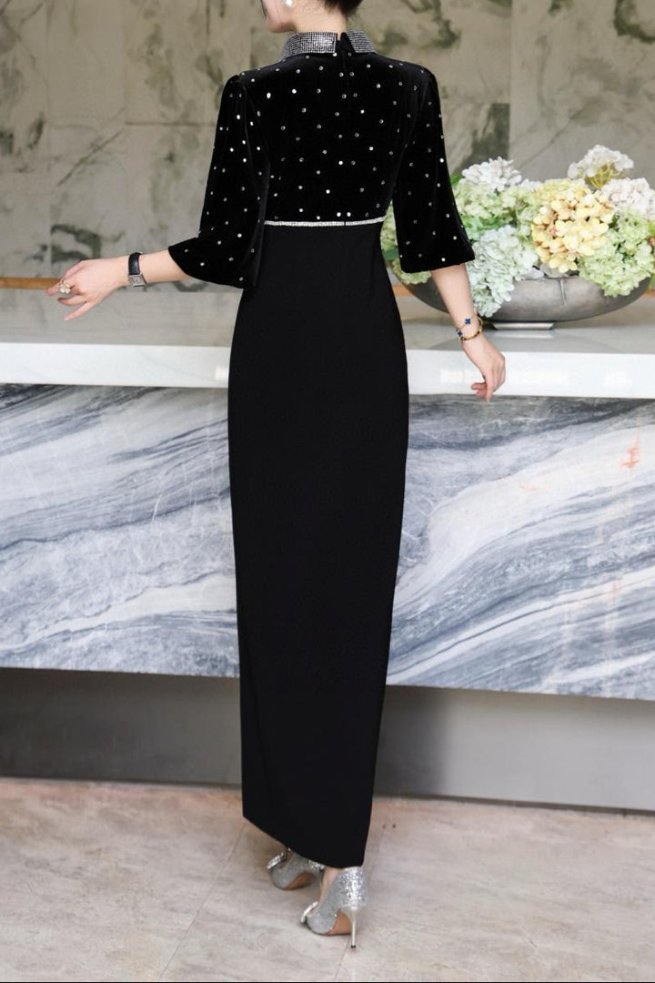 black velvet maxi dress with embellished collar–polka