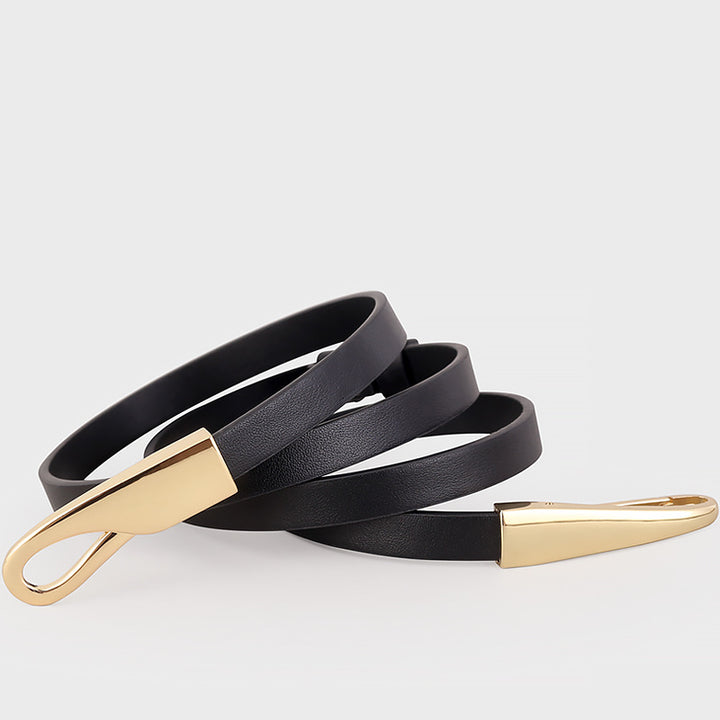 حزام جلدي رفيع بإبزيم ذهبي منحوت - أديل