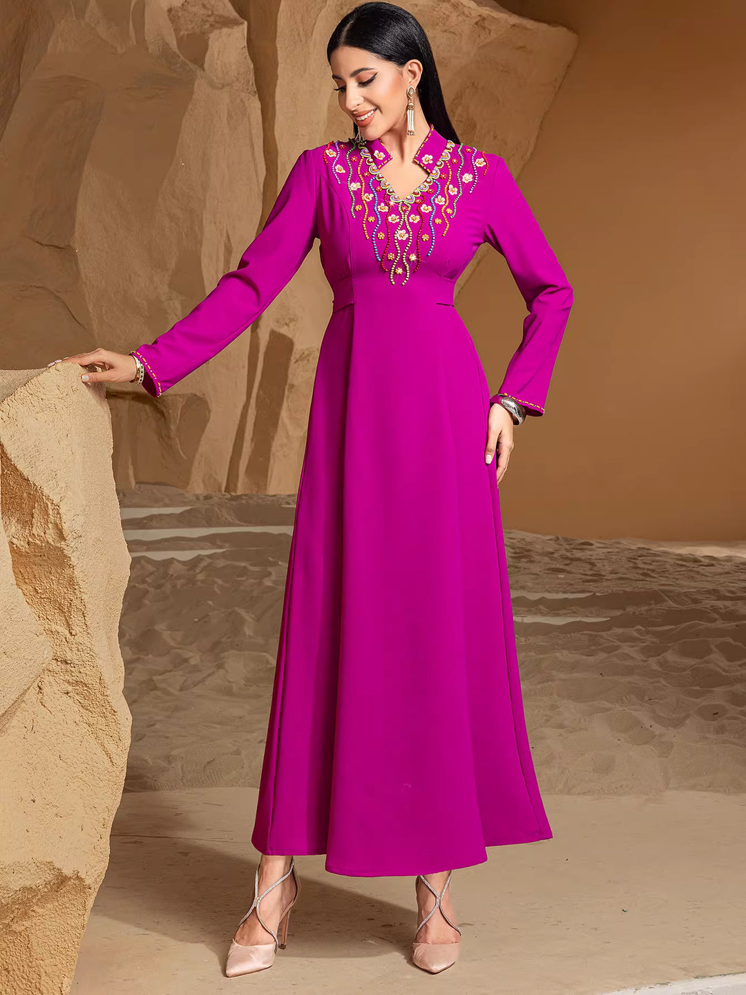 Embroidered V-Neck Maxi Dress with Long Sleeves – AMARIS