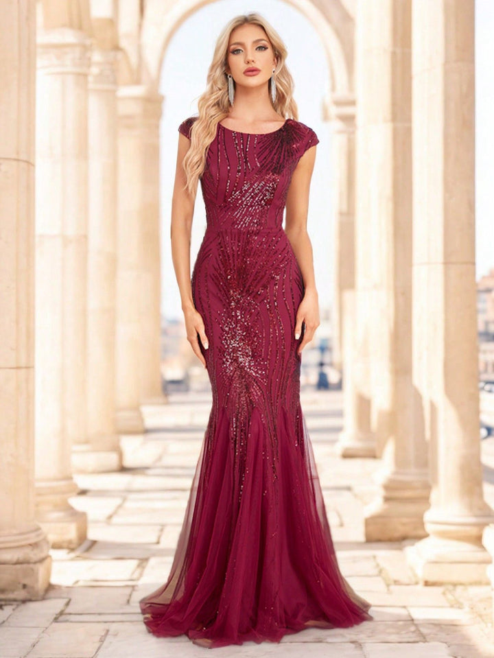 cap-sleeve sequin mermaid gown with illusion shimmer – CLARISSA