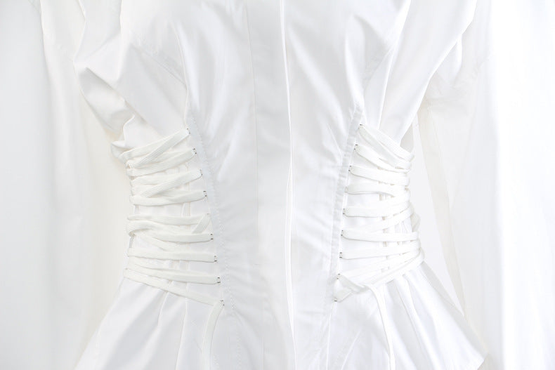 long-sleeve white shirt with ruched corset waist – ESME