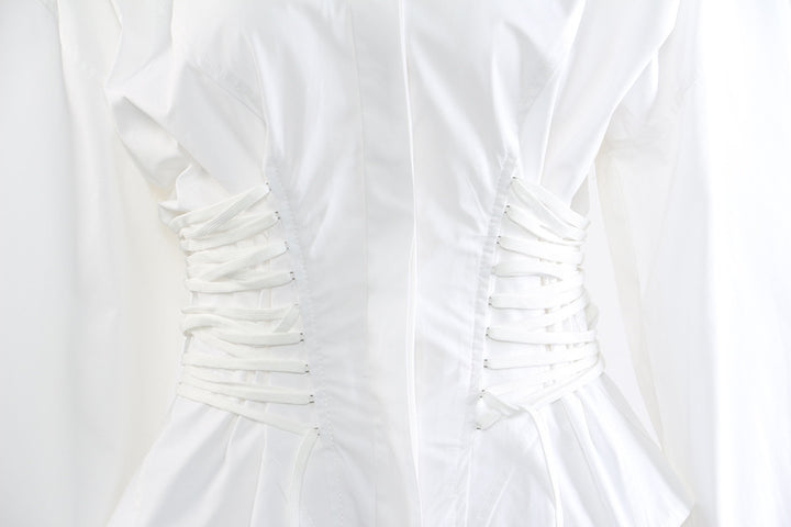 Corset-waist shirt dress with curved hem – BLANC