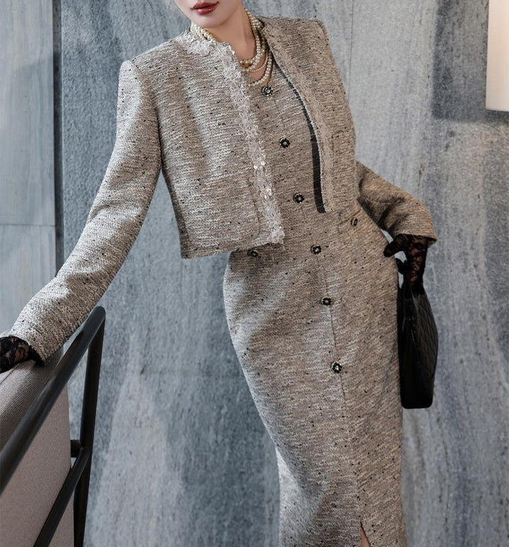 فستان تويد متوسط ​​الطول مع جاكيت قصير – أستوريا