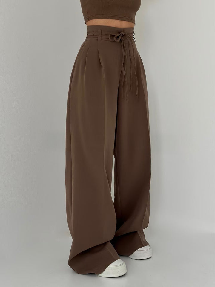 high-waist wide-leg pants with self-tie belt – SANDRA