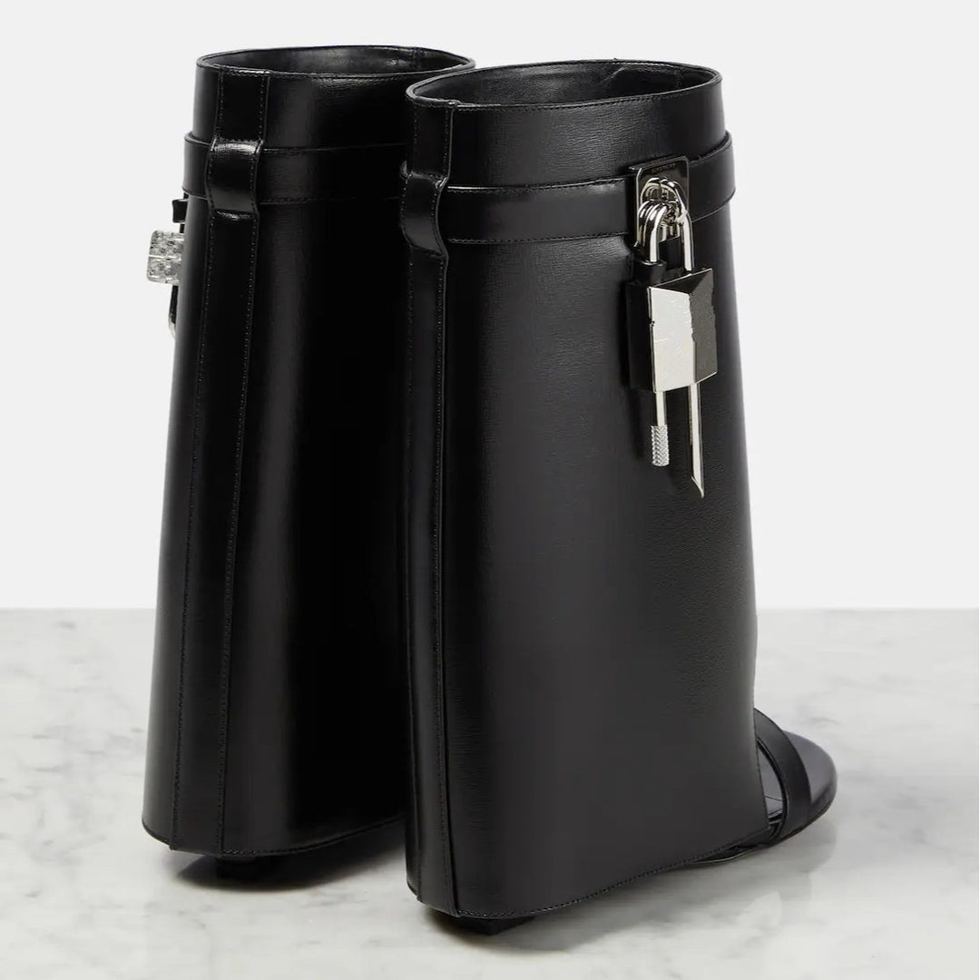 open-toe leather wedge boots with padlock detail – LUXE VAULT