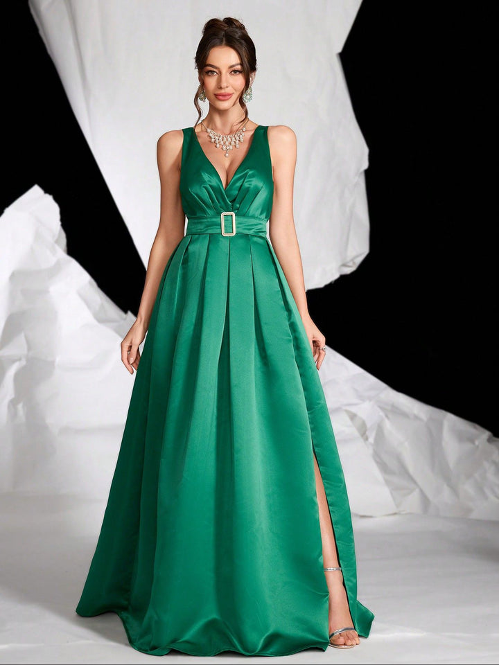 sleeveless satin gown with belted waist – EMERANLI