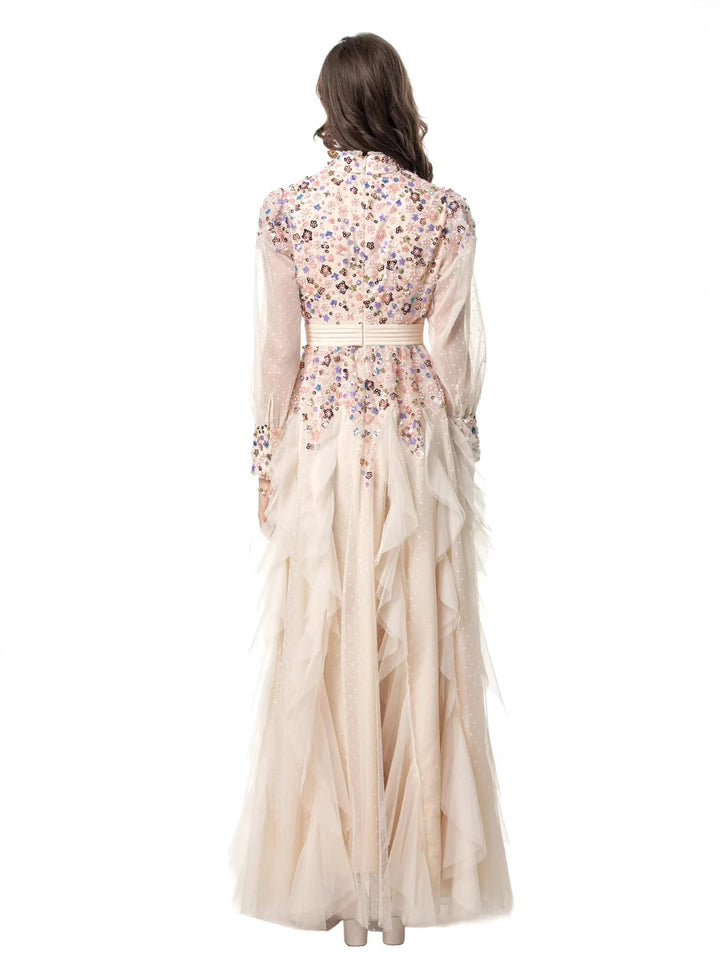 فستان تول بأكمام طويلة مع صدّار مزخرف – أورورا