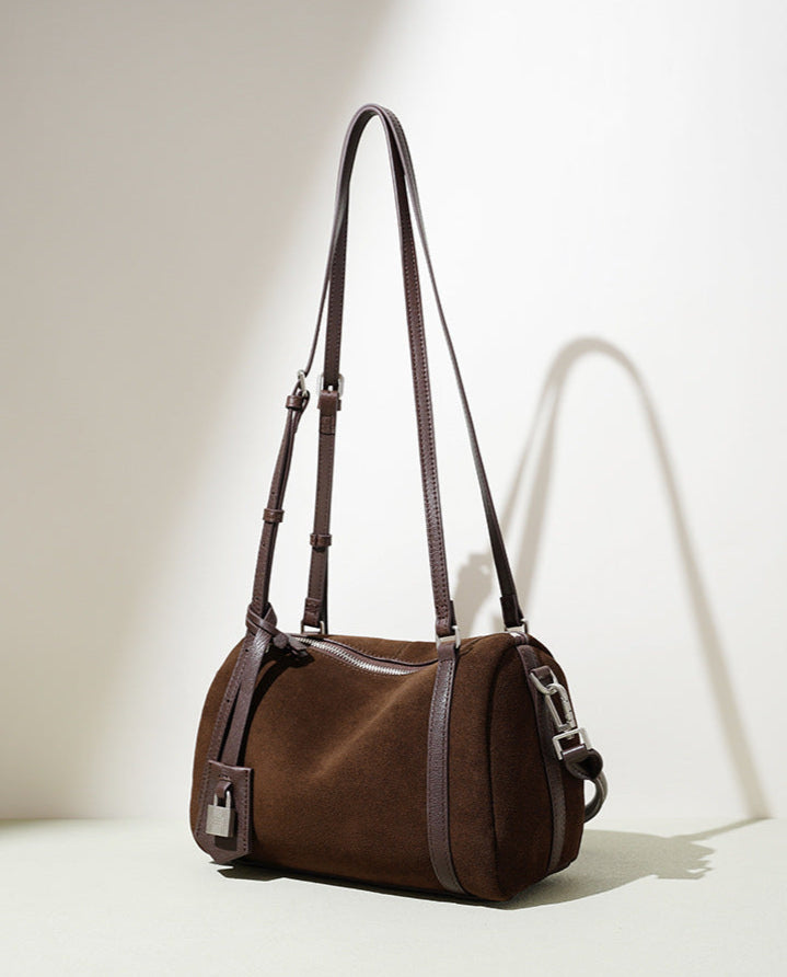 suede shoulder bag with leather trim and lock charm – ALBALI