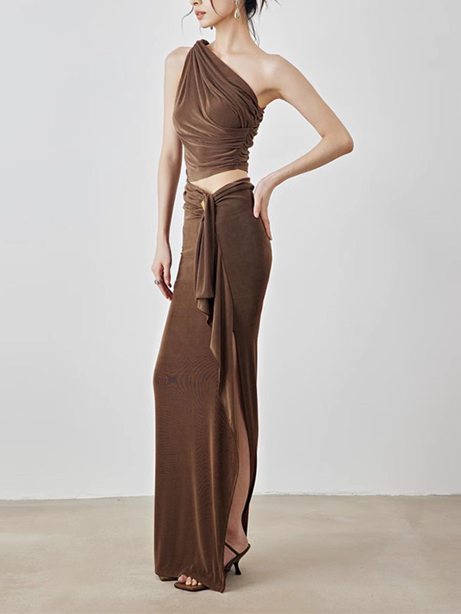 Plissiertes Oberteil mit ausgestellten Ärmeln und Maxirock-Set mit Taillengürtel – Rosiny 