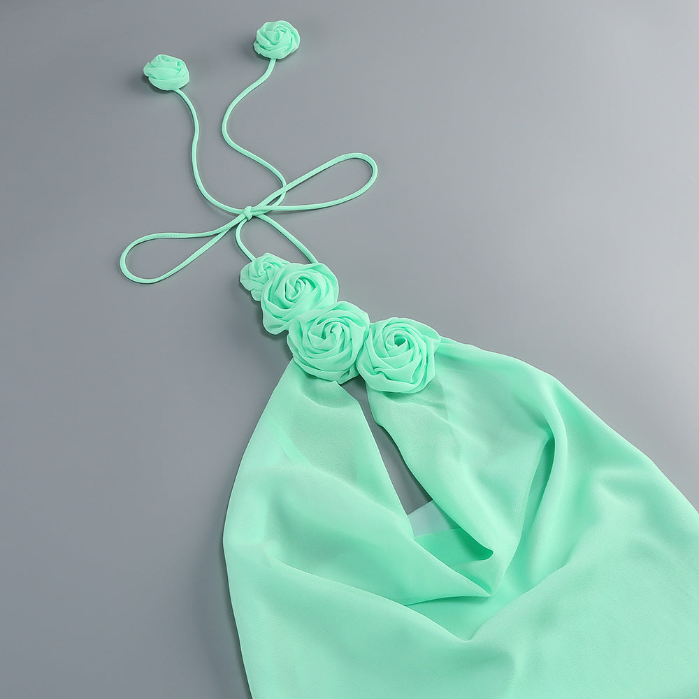 halter neck draped gown with floral detail – AMARAWTI