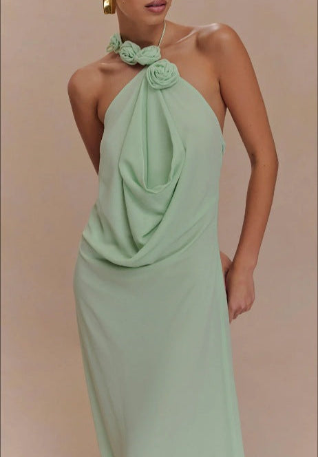 halter neck draped gown with floral detail – AMARAWTI