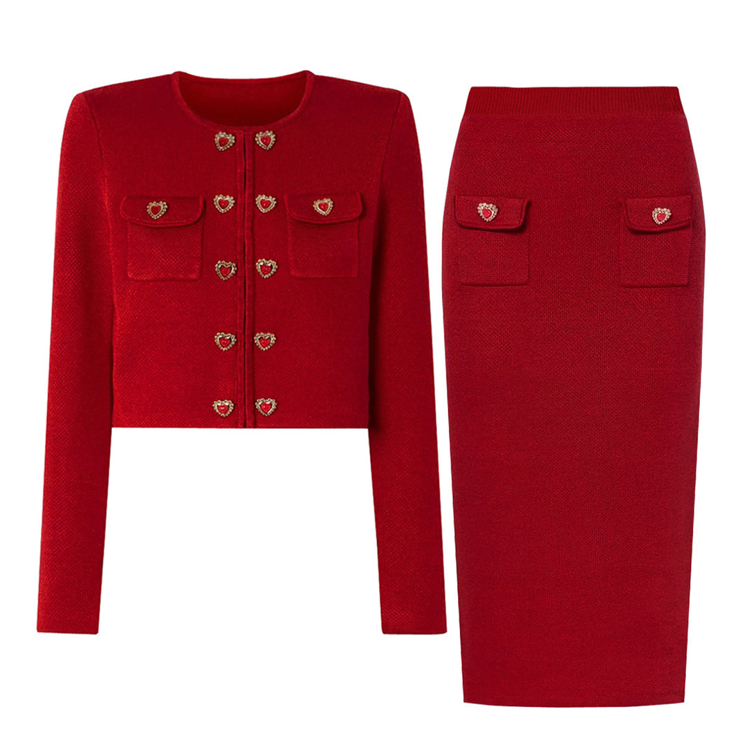 two-piece knit set with heart-shaped button accents – AMELIEV