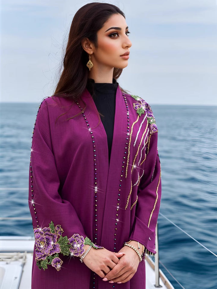 embellished open dress with floral embroidery - DALIMKA