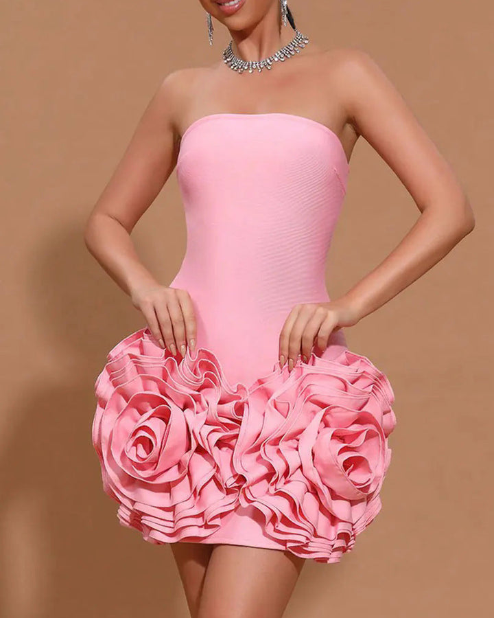 strapless mini dress with oversized floral appliqués – ROSALIA