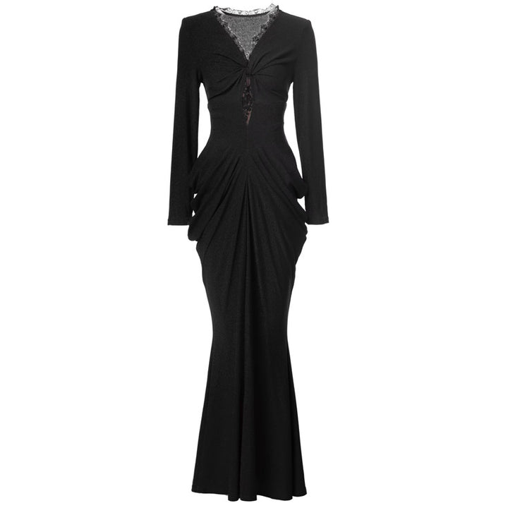 long sleeve draped mermaid gown with lace neckline - SERENZA