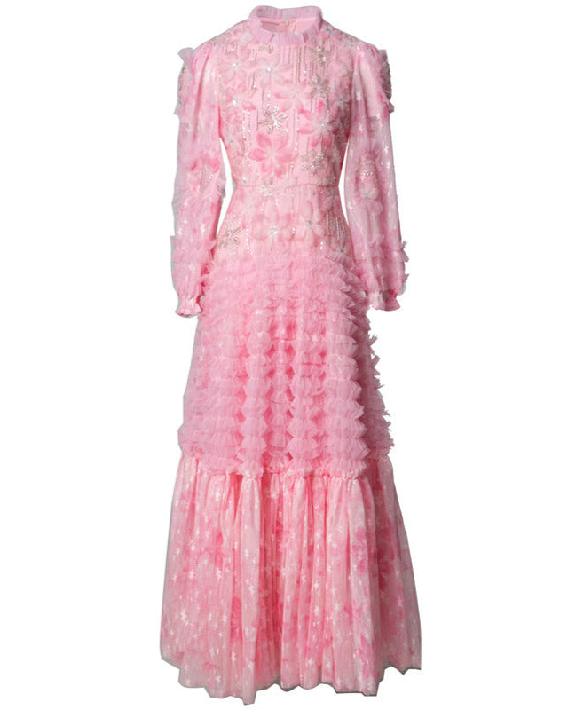 短袖中长连衣裙，配有3D花卉贴花 - BLOOMIQ 