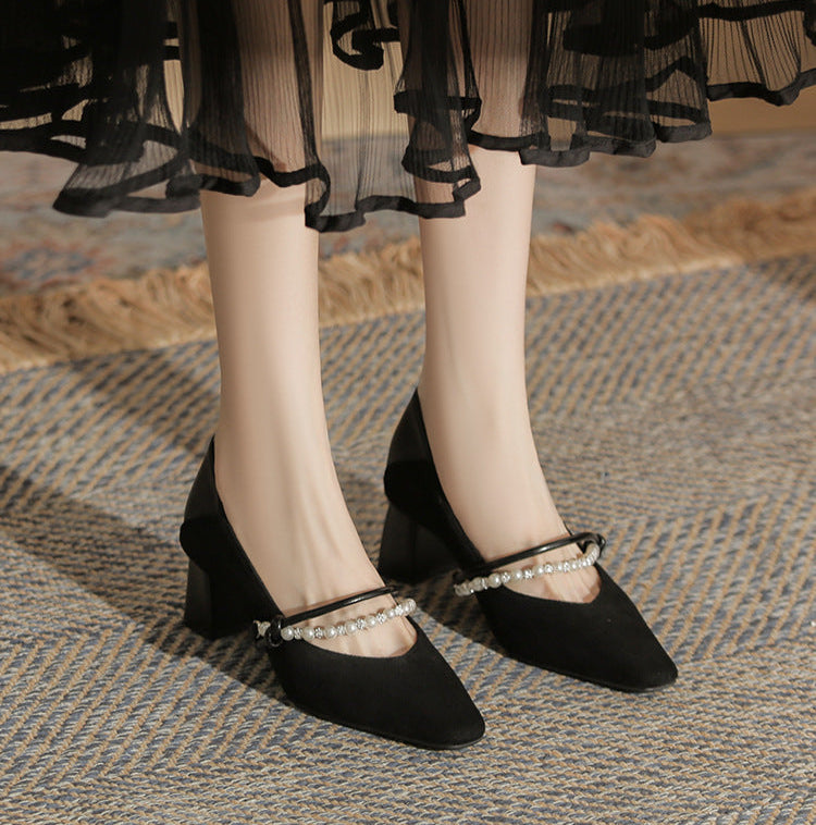 block heel pumps with pearl strap detail – NERINANDA