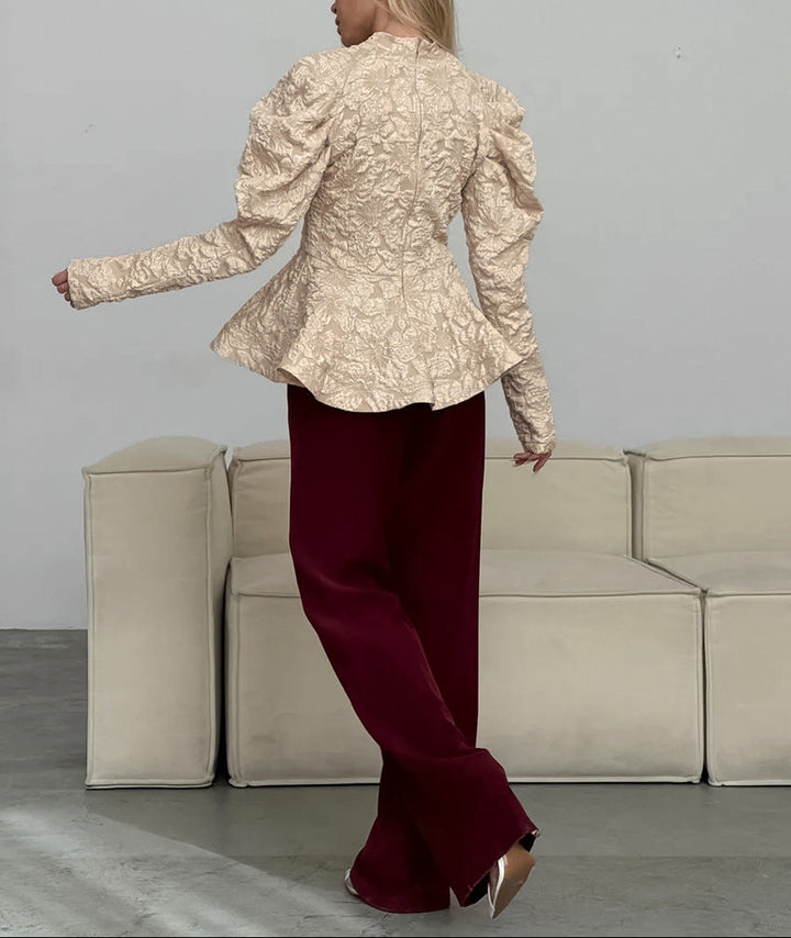 textured peplum blouse with sculpted puff sleeves – OPHELIA
