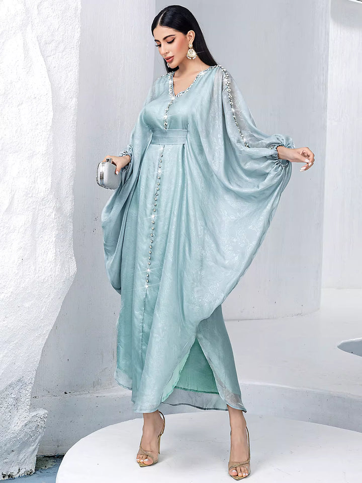 فستان ميدي غير متماثل بأكمام طويلة وياقة عالية - لون الزمرد