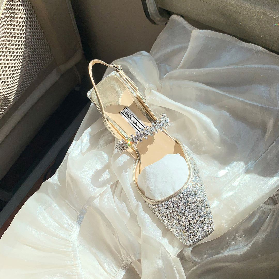 حذاء بكعب مربع مفتوح من الخلف مع حزام كريستالي - ألثياكسي