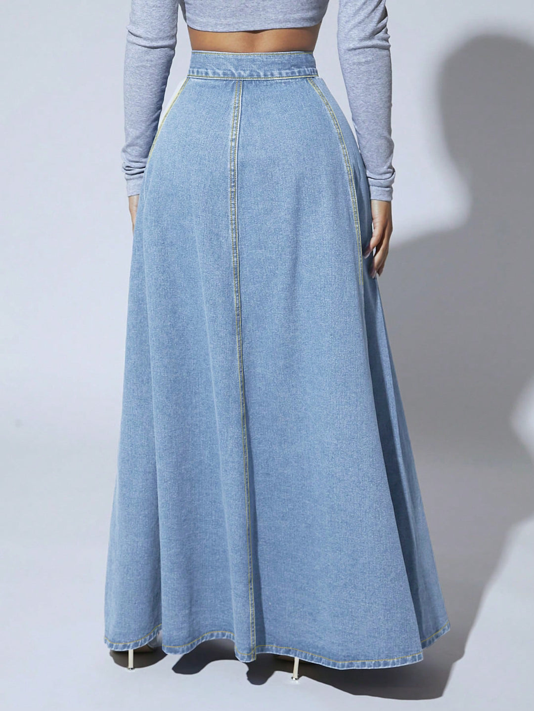 high-waist flared denim maxi skirt with front buttons – MAYA