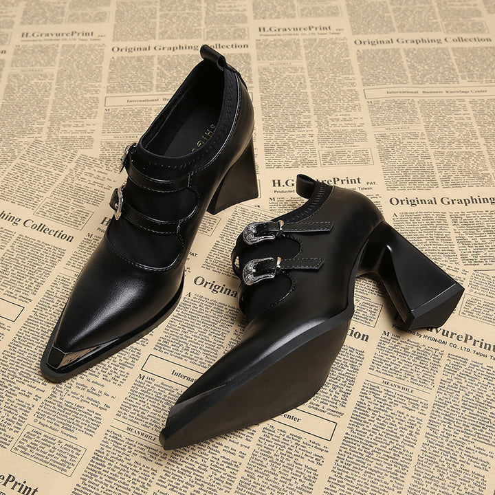 pointed-toe block heel pumps with double buckle straps – VERAVTI