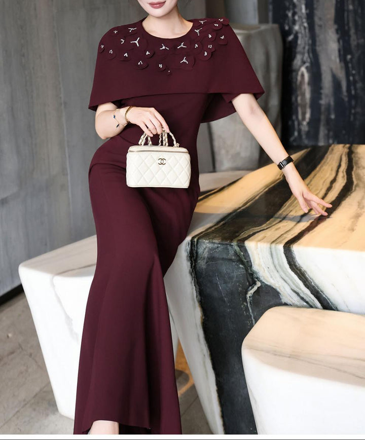 فستان حورية البحر بكتف مكشوف مع رقبة مزينة – فوشيا