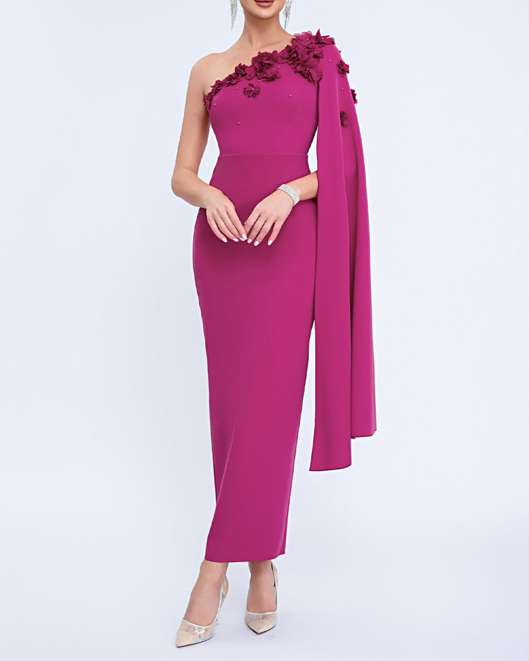 one-shoulder column dress with floral appliqué cape – AURELIATU