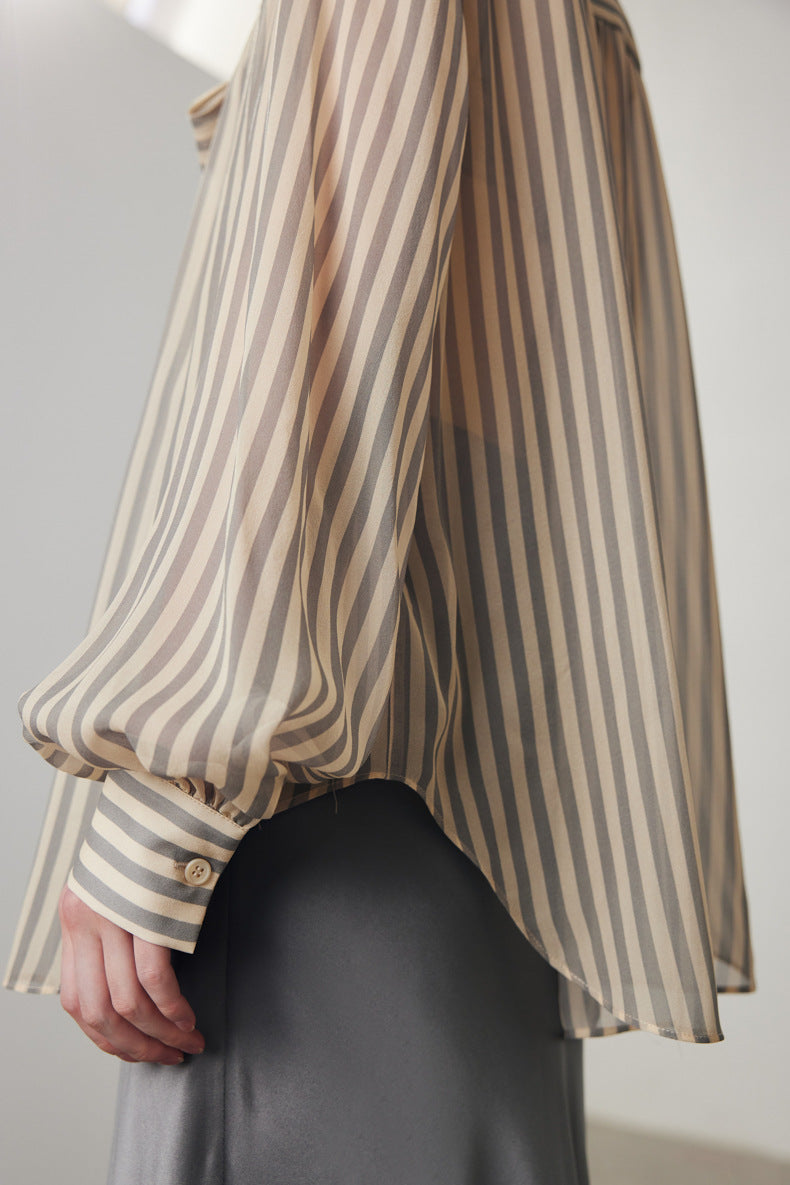 sheer striped blouse with tie-neck bow – VELORA