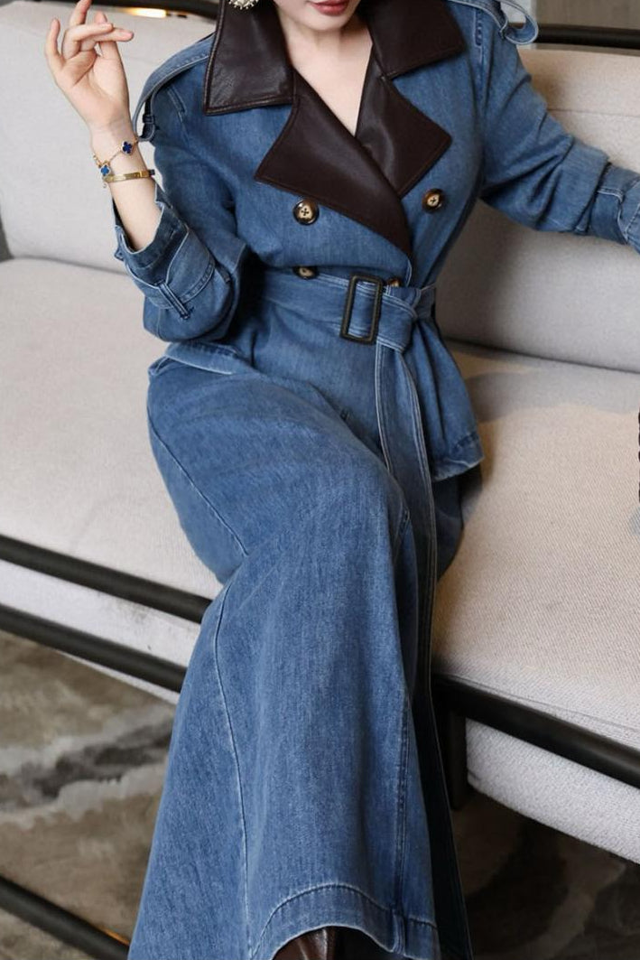 denim trench dress with contrast lapel & waist belt – RIVERA
