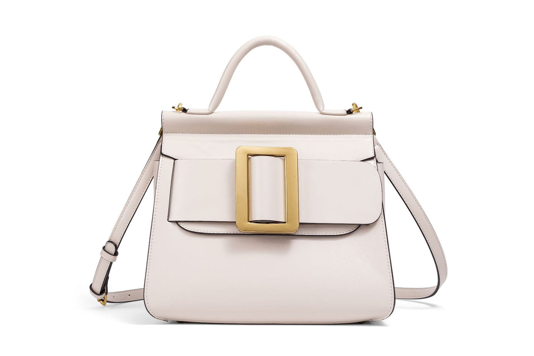 structured leather top-handle bag with oversized buckle – AURIKLA