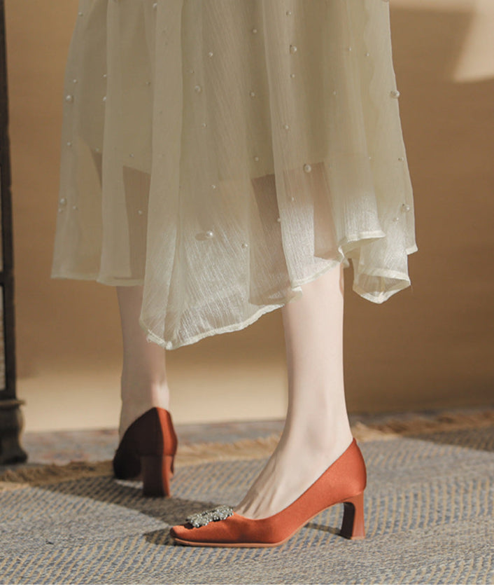 square-toe block heels with crystal buckle – AURORZAM