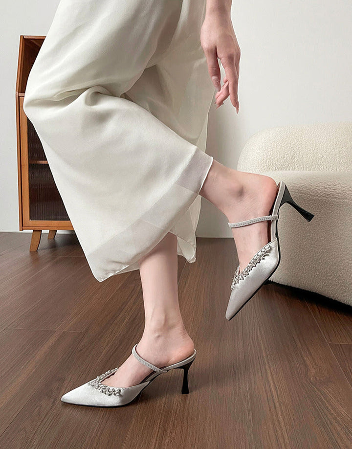 Satin pointed-toe mule with crystal strap - VERANA