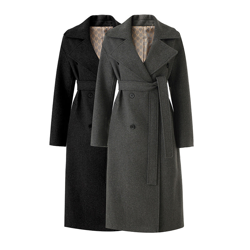 Belted double-breasted long coat – CHARCOAL