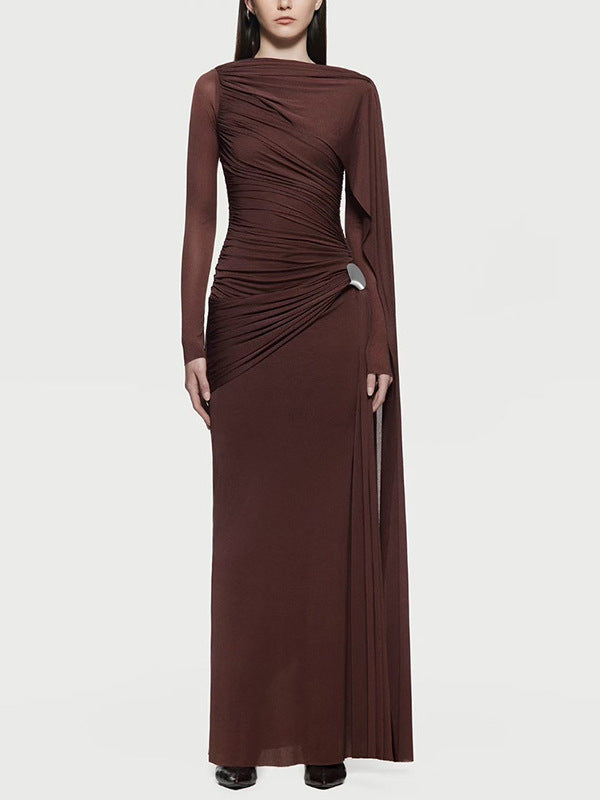 Asymmetric draped long-sleeve gown – BLUSHIA