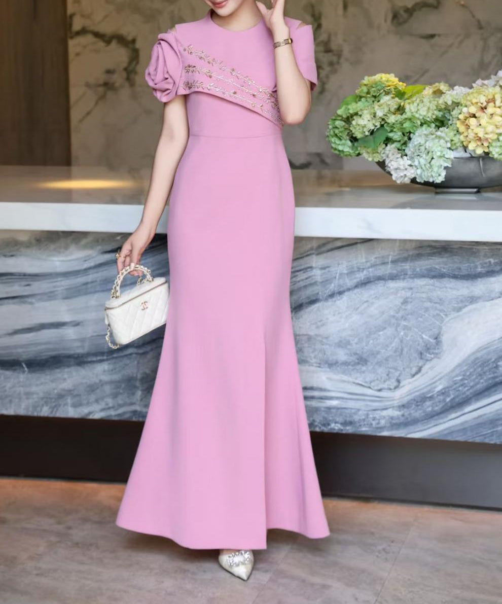 asymmetric embellished shoulder gown – AMARA