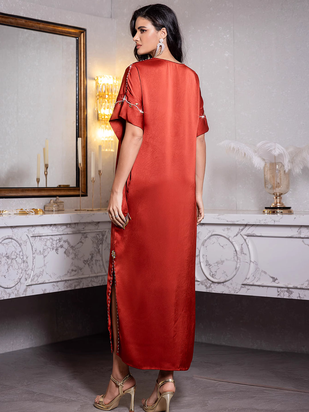 short-sleeve satin dress with embellished neckline - ZARAZLU