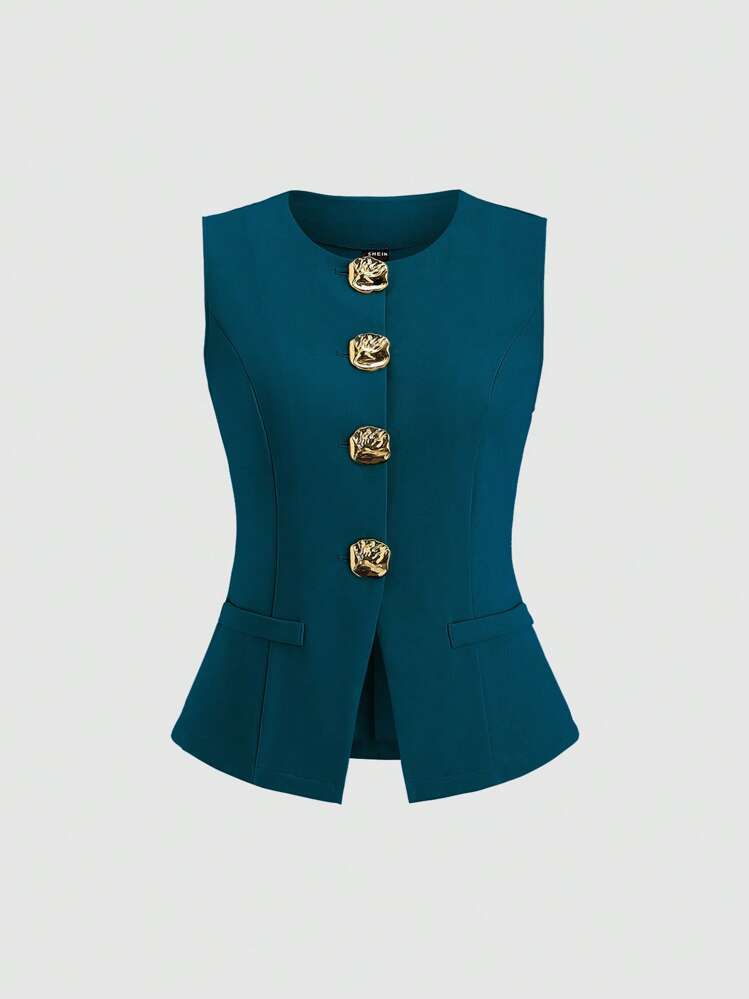 سترة أنيقة بدون أكمام مزينة بأزرار ذهبية منحوتة - فاليري