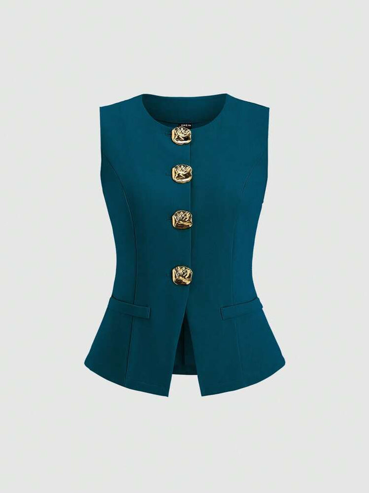 سترة أنيقة بدون أكمام مزينة بأزرار ذهبية منحوتة - فاليري