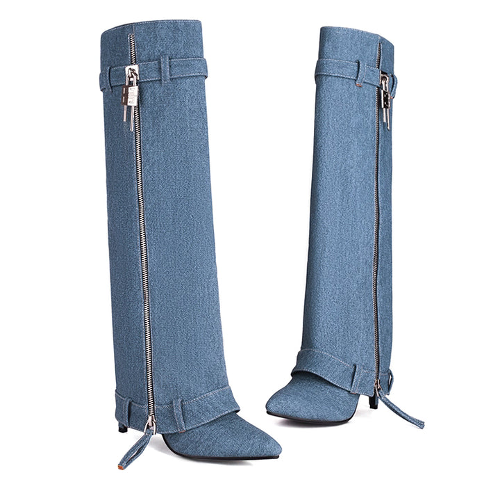 denim high-knee boots with side zipper – STORM