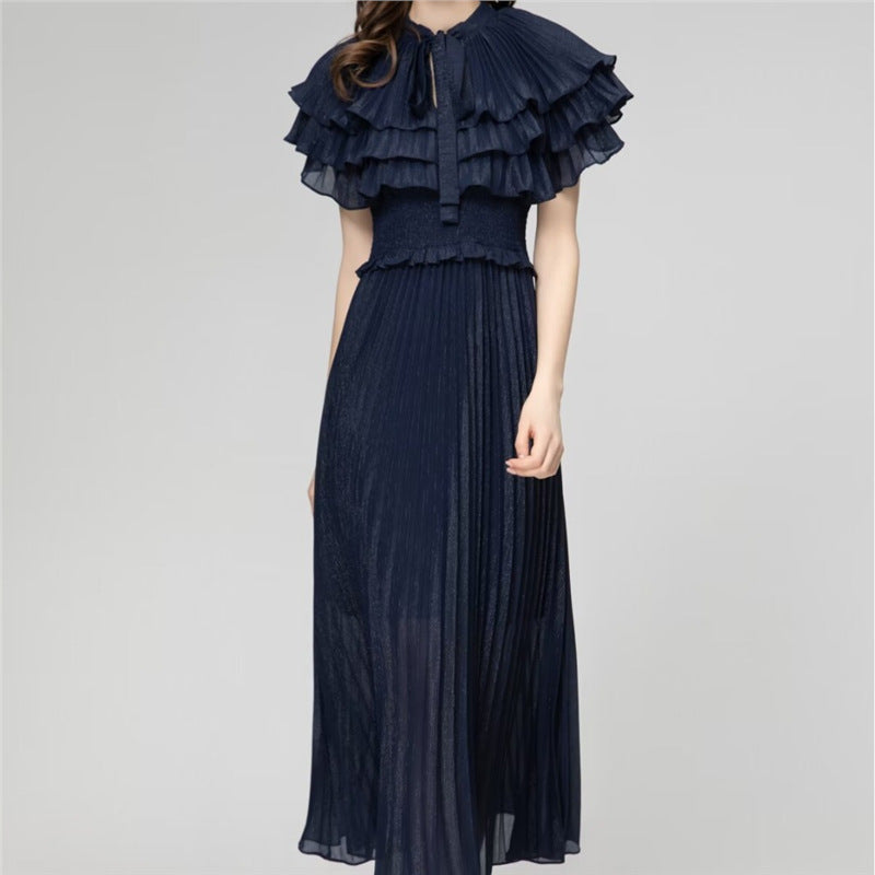 pleated chiffon gown with layered ruffle cape - MAELLE