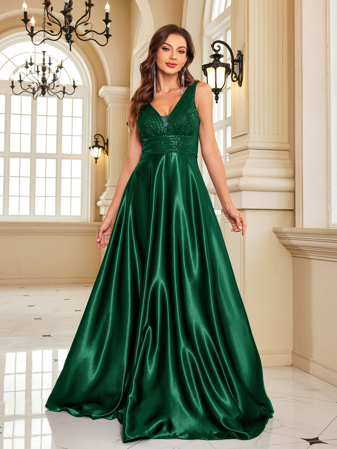 sleeveless satin gown with sequin bodice – VERENA