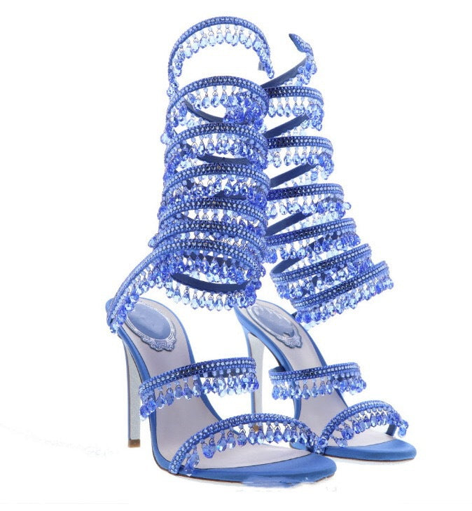 crystal-embellished spiral heel sandals – AZURE