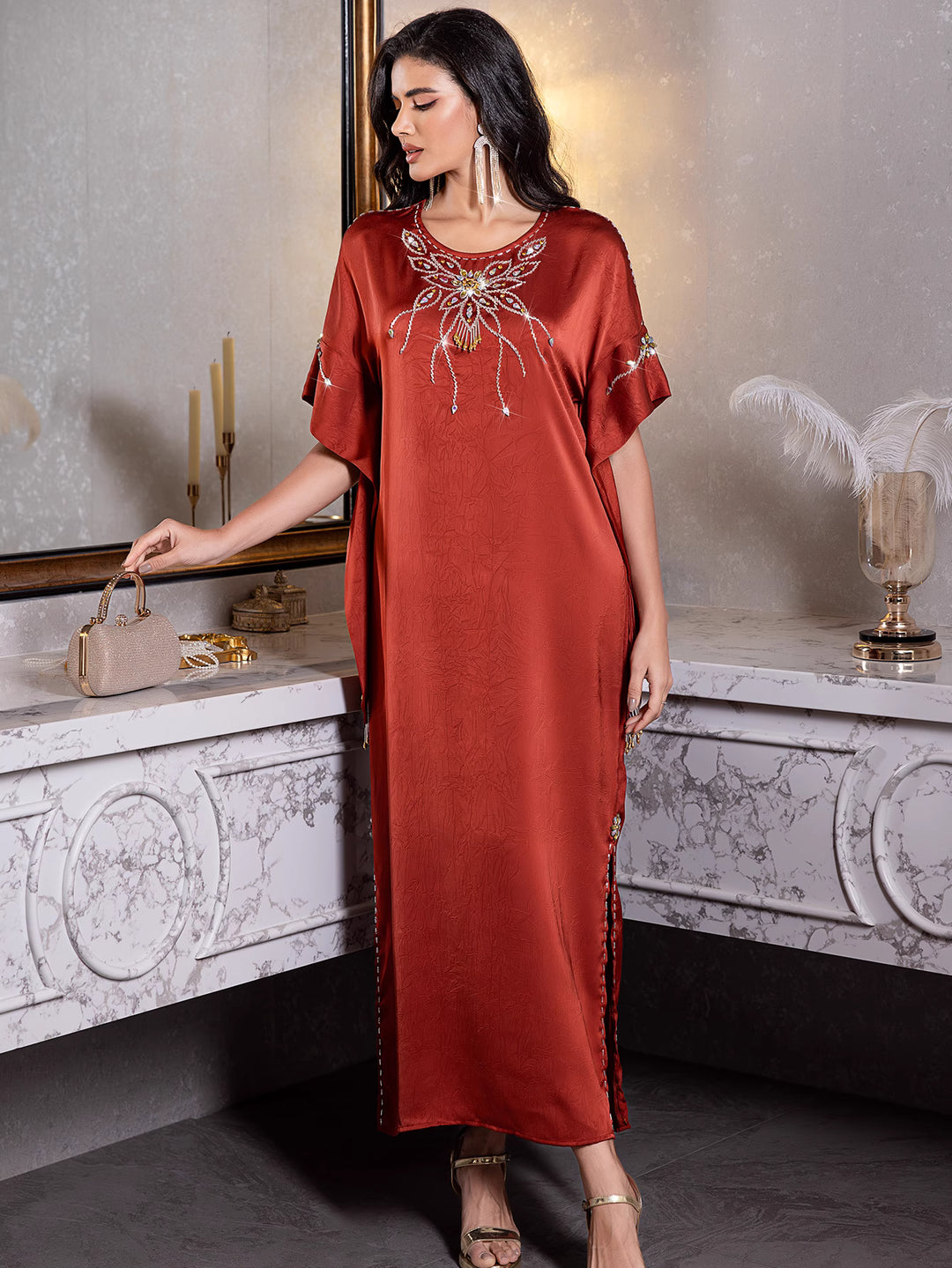 short-sleeve satin dress with embellished neckline - ZARAZLU